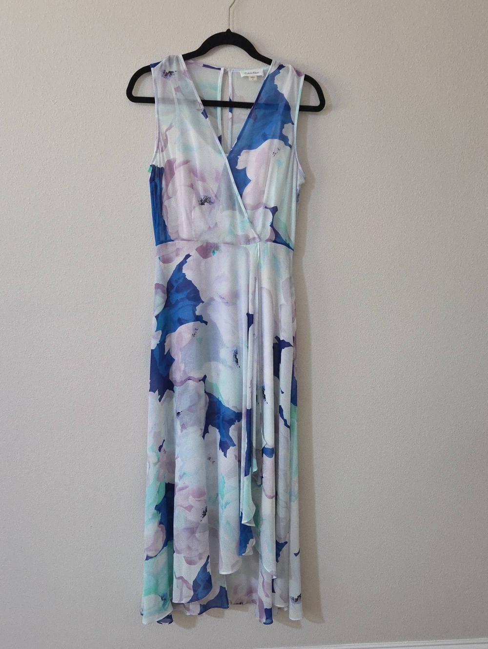 Calvin Klein Blue and White Floral High-Low Wrap Dress